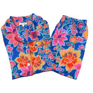 Johnny Was Bright Blue Floral Daniela Long Sleeve Button Up Carly Pajama Set, XS